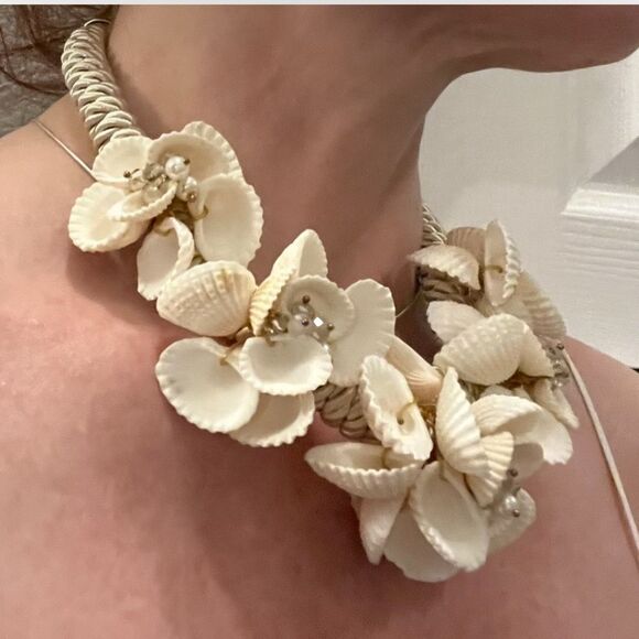 SHELL Knotted Collar NECKLACE Chunky Floral Boho Satin Rope Beaded Bracelet Set - Picture 2 of 5
